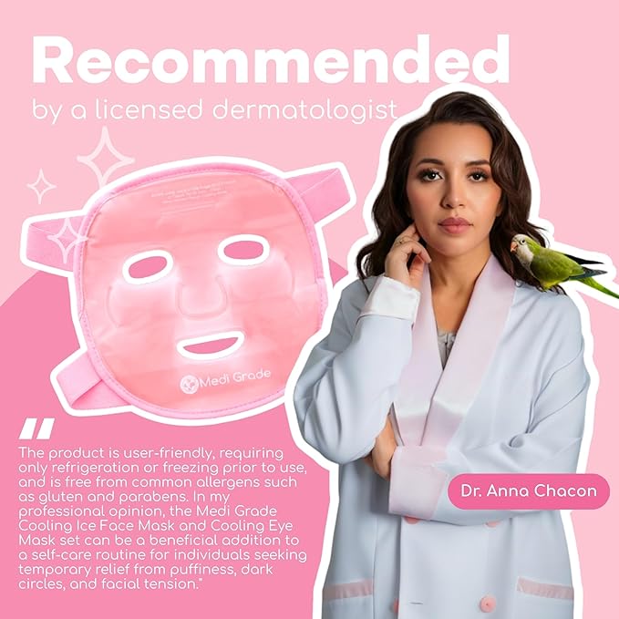 Medi Grade Cooling Ice Face Mask and Cooling Eye Mask for Puffy Eyes, Pink - Self Care Face Ice Pack with ChillGel Face Ice Mask Technology - Cooling Face Mask, Eye Pads and Bag