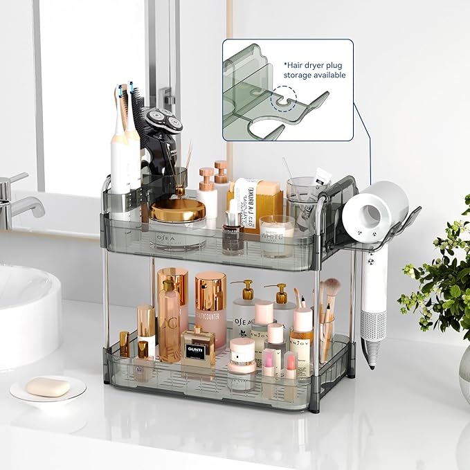 Bathroom Counter Organizer, 2 Tier Makeup Skincare Storage Tray with Hair Dryer Holder and Toothbrush Rack, Perfume Organizer Vanity Shelf for Countertop, Dresser (Transparency Green)
