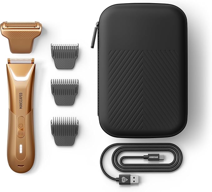 MANSCAPED® The Lawn Mower® 5.0 Ultra Groin & Body Hair Trimmer – Dual-Head SkinSafe® Trimmer & Foil Blades, Waterproof Groomer, USB-C Rechargeable with Travel Case, Men’s Ball Shaver, Forged Gold