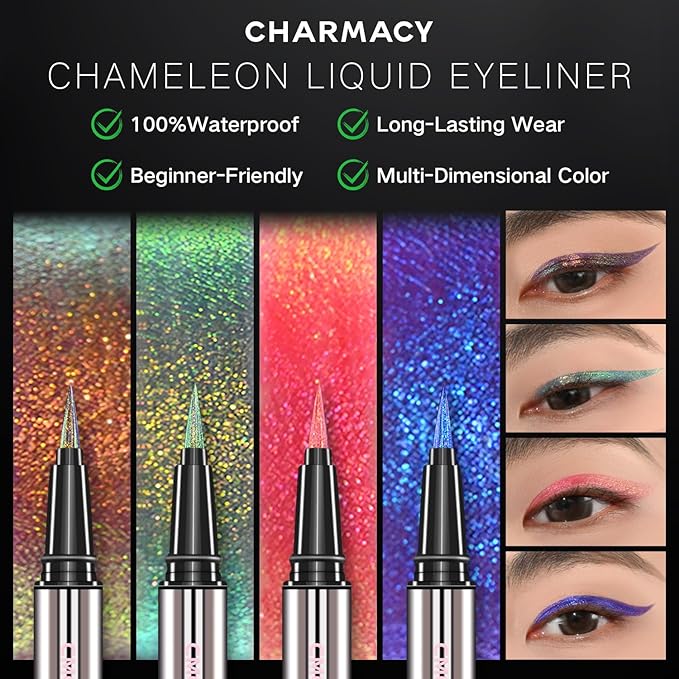 CHARMACY New Chameleon Liquid Eyeliner, Liquid Glitter Eyeliner, Highly Pigmented, Metallic MultiColor Shifting waterproof Eyeliner, Ultra-Fine Tip, Longwearing, Smudge-proof (A03 Twilight Shimmer)