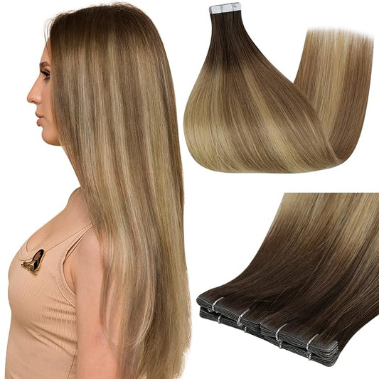 Full Shine Seamless Inject Tape in Extensions 5Pcs Virgin Tape Hair Color 3/8/22 Real Human Hair Extensions Invisible Tape in Hair Extensions Remy Human Hair for Women 22 Inch 12.5 Gram