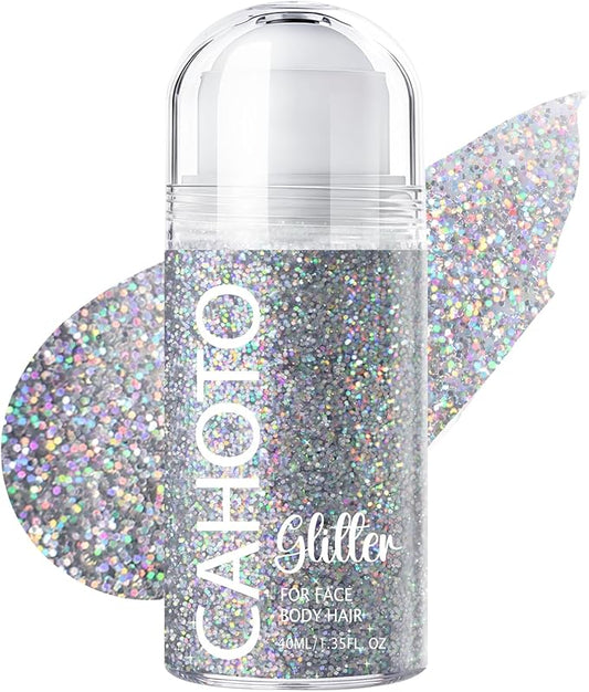 CAHOTO Silver Rolling Glitter for Face Body & Hair, Sparkling Holographic Chunky Shimmer, Roll-on Sequins for Singer Concert Rave Festival Halloween Party Carnival, 1.35fl.oz