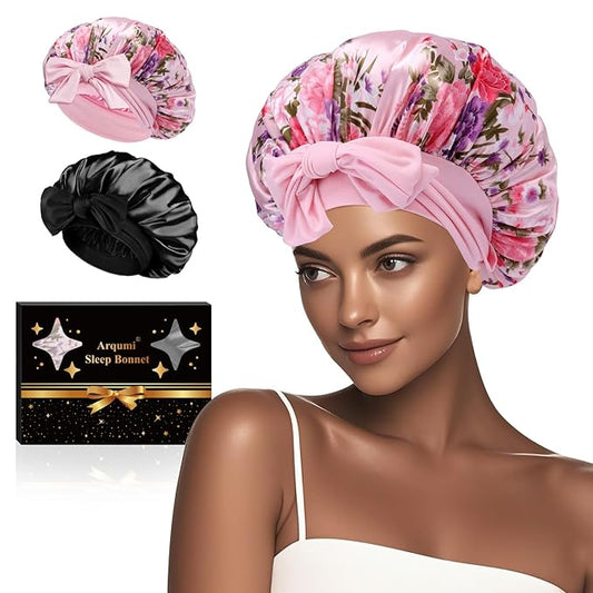 Arqumi 2 Pcs Satin Silk Bonnet for Sleeping Women, Long Strap Tie Band Adjustable Sleep Night Cap Curly Hair Bonnet Wrap for Braids Mother's Day Girls Gifts, Black + Pink Flower Pattern (Large)