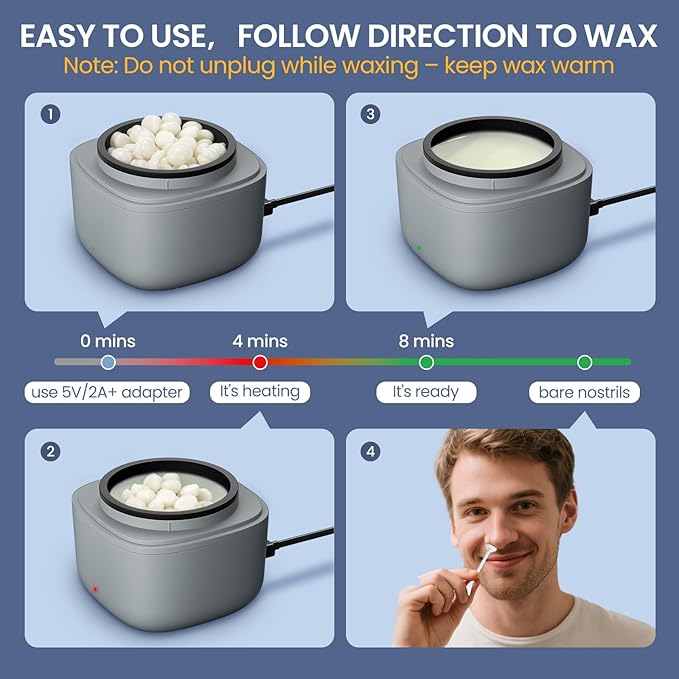 Nose Wax Kit Men, Mini Wax Warmer for Hair Removal, Mini Wax Kit for Noes and Ear, 100g Wax Beads, 40 Sticks, USB Fast Heat, Smart Constant Temp, Upgraded Size, Multi-Accessories, Gray
