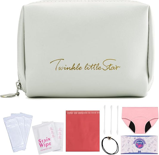 First Period Kit for Girls 9-12,Thoughtful First Period Gift,Tween Period Starter Kit with Spare Underwear, Wipes,Period Knowledge Cards and More. (Milk apricot white)