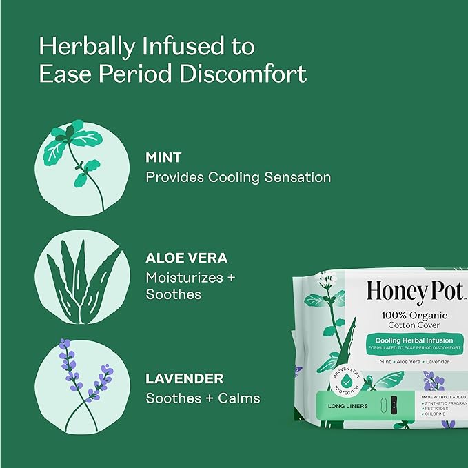 The Honey Pot Company - Herbal Long Panty Liners for Women - Infused w/Essential Oils for Cooling Effect & Organic Cotton Cover - Feminine Care - 30 ct
