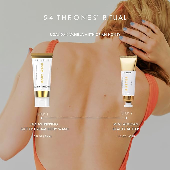 54 Thrones Sensitive Skin Bundle, Mini Non-Stripping Butter Cream Body Wash + Mini African Beauty Butter, Moisturizing Body Butter for Women & Men, Shea Moisture, Ugandan Vanilla + Ethiopian Honey