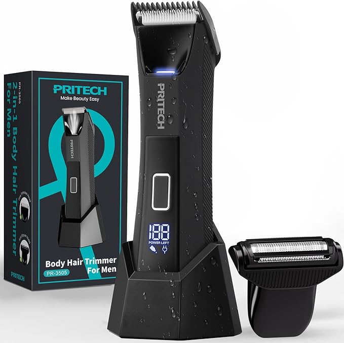 PRITECH Body Trimmer for Men,Body Hair Trimmer & Electric Razor for Pubic,Groin,Chest,Back,Balls,Waterproof Men's Groomer with 2 in 1 Ceramic & Foil Blades for Sensitive Areas,Cordless & Rechargeable