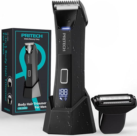 PRITECH Body Trimmer for Men,Body Hair Trimmer & Electric Razor for Pubic,Groin,Chest,Back,Balls,Waterproof Men's Groomer with 2 in 1 Ceramic & Foil Blades for Sensitive Areas,Cordless & Rechargeable