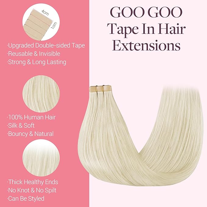 GOO GOO Tape in Hair Extensions Human Hair, 60A Platinum Blonde, 16inch 50g 20pcs, Skin Weft Seamless Invisible, Silky Straight with Thick Ends, Remy Human Hair