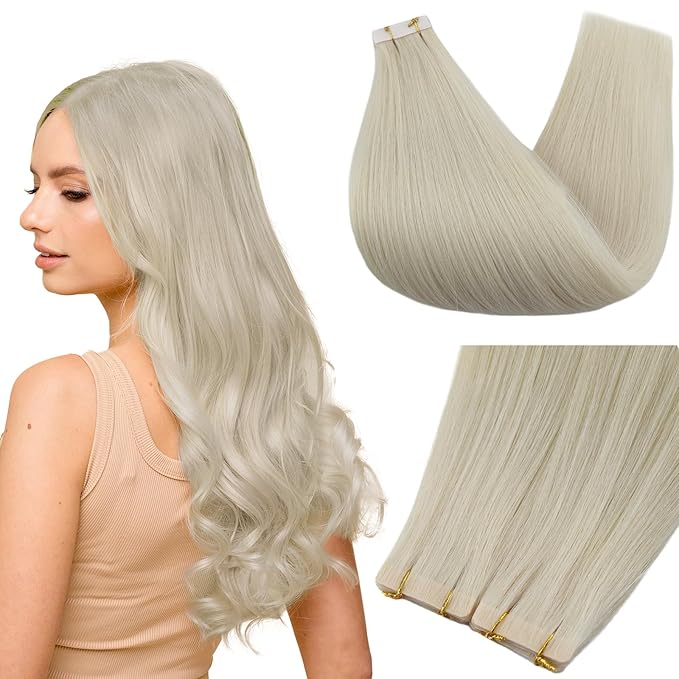 Full Shine Injection Tape ins Human Hair Extensions Virgin Tape Hair Extensions Human Hair Color 1000 Blonde Human Hair Extension 14Inch Machine Remy Seamless Extensions 10G 5Pcs for Wedding