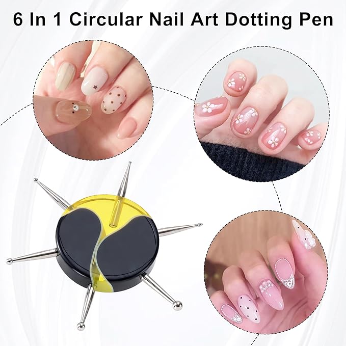 Nail Dotting Tool, 6-in-1 Metal Dotting Tool Nail Art, Circular Nail Design Dotting Pen, Colorful Ergonomic Dotting Disc for Manicure Embossing, Tracing, Painting - 1pc