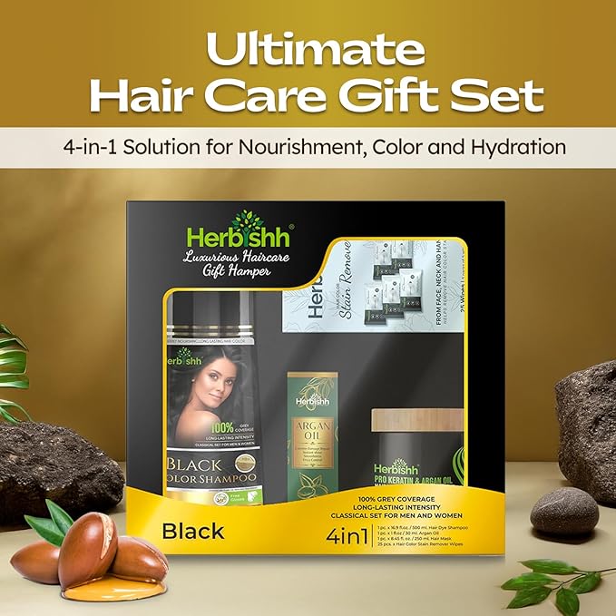 Herbishh Hair Color Shampoo for Gray Hair – Natural Hair Dye Shampoo – Lasts Up To 3-4 Weeks – 500ML – 3-In-1 Hair Color – Colors, Cleanses, and Conditions (Black GiftSet)