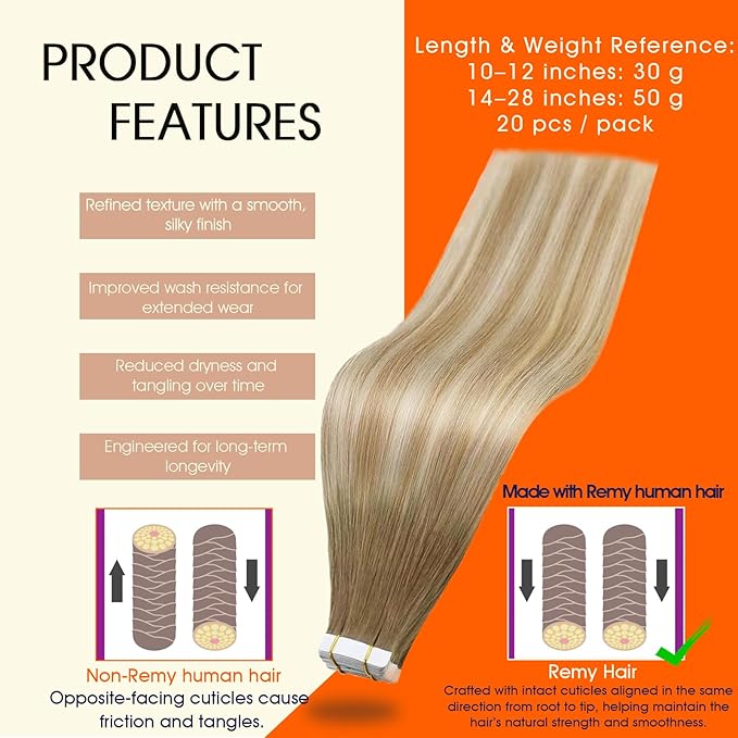 Full Shine Tape in Hair Extensions Balayage Color 6/27/60 Brown And Blonde Tape in Extensions Human Hair Invisible Tape ins Human Hair Extensions Seamless Skin Weft 20Inch 50Gram 20Pcs Remy Brazilian