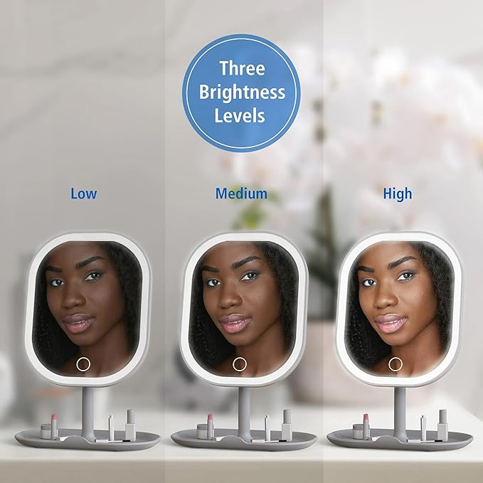 Rechargeable LED Makeup Mirror with Lights, 5X Magnifying & Storage Tray | Touch Control Vanity Mirror for Desk, Compact Makeup Mirror with Adjustable Brightness