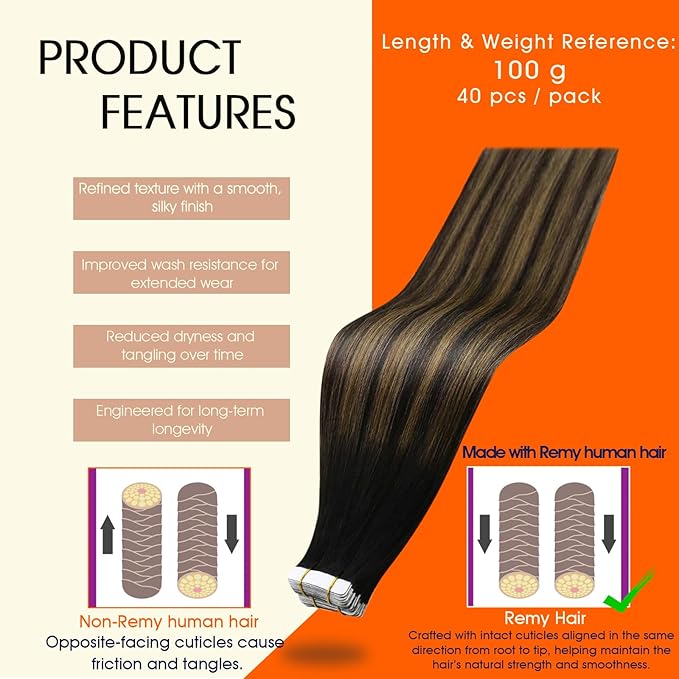 Full Shine Black Hair Extensions Color 1B Black Ombre 6 Brown And 1B Tape in Hair Extensions Human Hair 22Inch 100G Remy Seamless Skin Weft Invisible Extension for Bridal Hairstyles 40Pcs