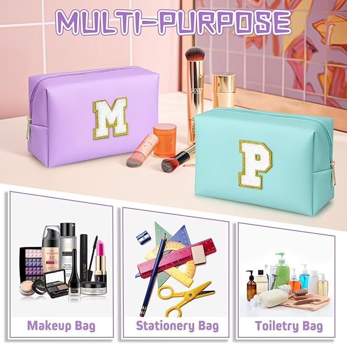 TOPEAST Personalized Makeup Bag, Chenille Letter Pouch Cosmetic Bag w Zipper, PU Leather Waterproof Toiletry Bag, Bridal Shower Gifts for Bridesmaids, Cute Stuff for Girls (Purple P)