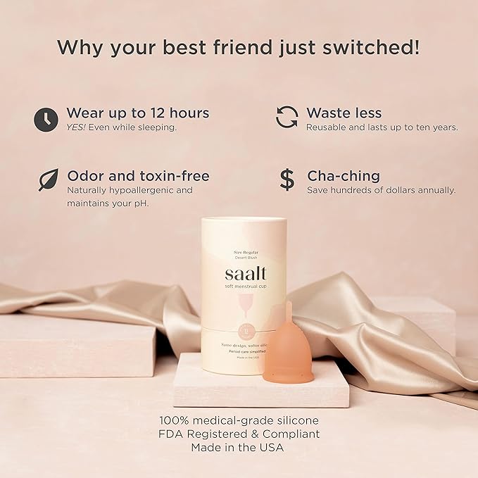 Saalt Soft Menstrual Cup – Reusable Period Cup – Made for Comfortable, Leak-Free Protection Up to 12 Hours – BPA & Latex Free – Includes Cup & Carry Bag (Small, Desert Blush)