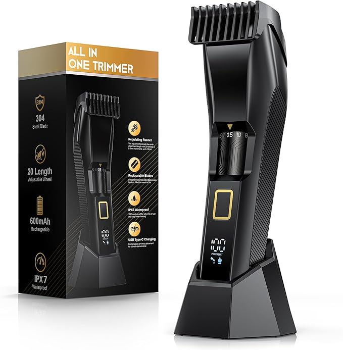 Men's Beard Trimmer-All-in-One Mustache Trimmer for Men with 20 Length Adjustable, Stainless Steel T-Blade for Precision Facial Hair Trimming Cordless IPX7 Waterproof Wet/Dry Clipper,LED Display