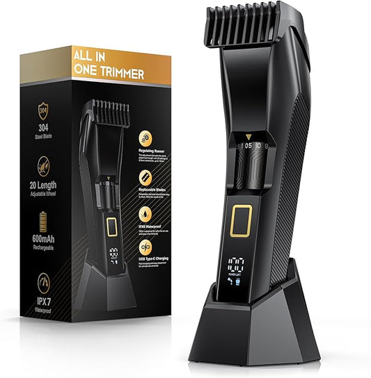 Men's Beard Trimmer-All-in-One Mustache Trimmer for Men with 20 Length Adjustable, Stainless Steel T-Blade for Precision Facial Hair Trimming Cordless IPX7 Waterproof Wet/Dry Clipper,LED Display