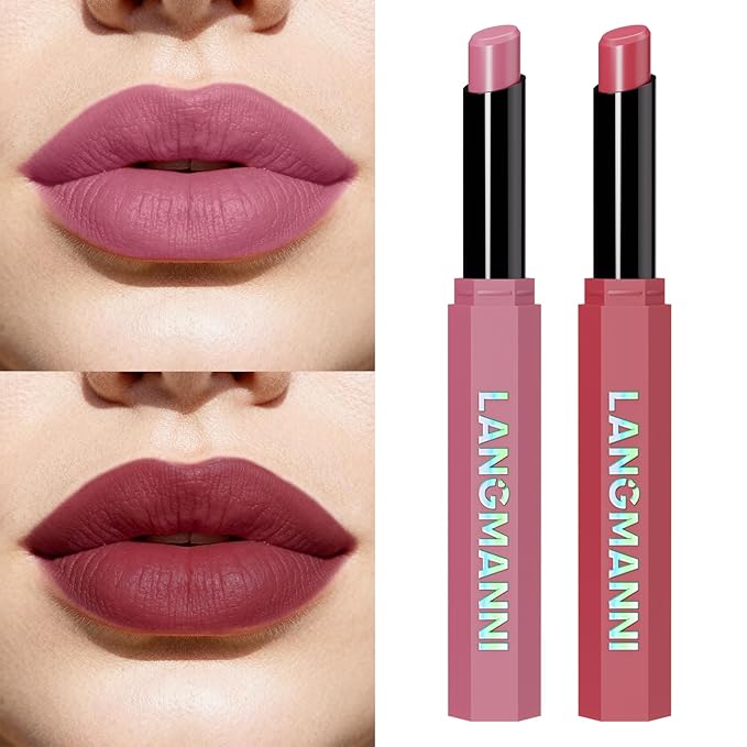 Jolilab 2Pcs Velvet Matte Lipstick Nude Matte Soft Dark Color Stick High Pigmented Long-Lasting Waterproof Lip Stick Lip Balm Beauty Cosmetics Gift for Women(#03+04)