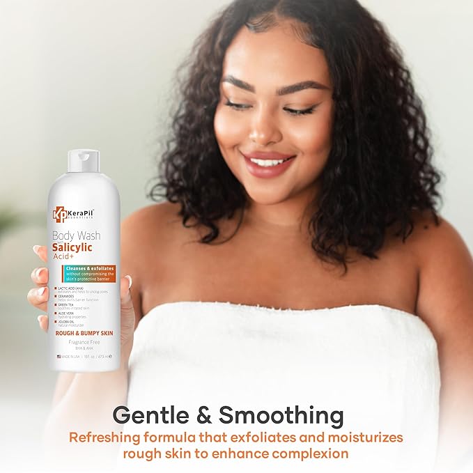 KERAPIL Salicylic Acid Body Wash - Skin Non-drying, Gentle Exfoliates Rough and Bumpy Skin, Body Acne Wash, BHA & AHA - Unscented Exfoliating Body Wash, Made in USA - (16 fl oz x 2)