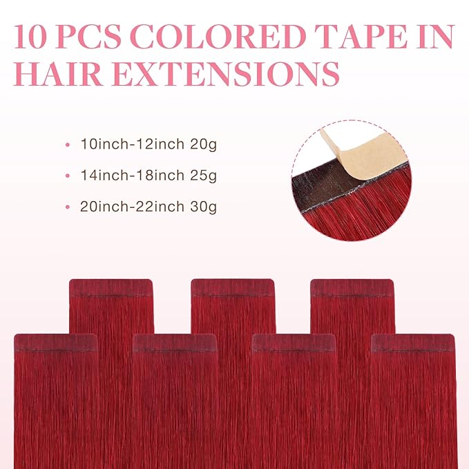 GOO GOO Tape in Hair Extensions Human Hair, Red, 16inch 25g 10pcs, Colored Tape ins Human Hair Extensions, Silky&Soft Invisible Tape Ins, Hair Highlighted for Party