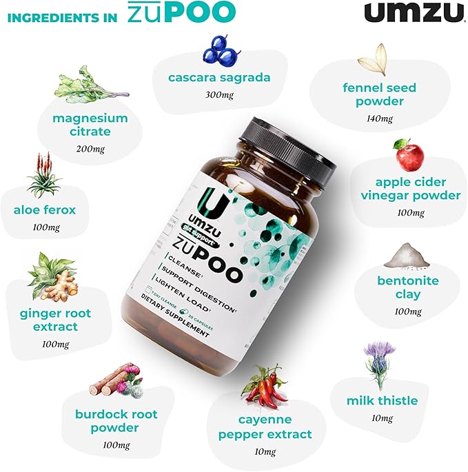 UMZU zuPOO Gut Cleanse Detox, 30 Capsules – 7-Day Natural Colon Cleanse with Cascara Sagrada & Magnesium Citrate – Vegan, Non-GMO, Gluten-Free Detox Cleanse Supplement for Healthy Bowel Support