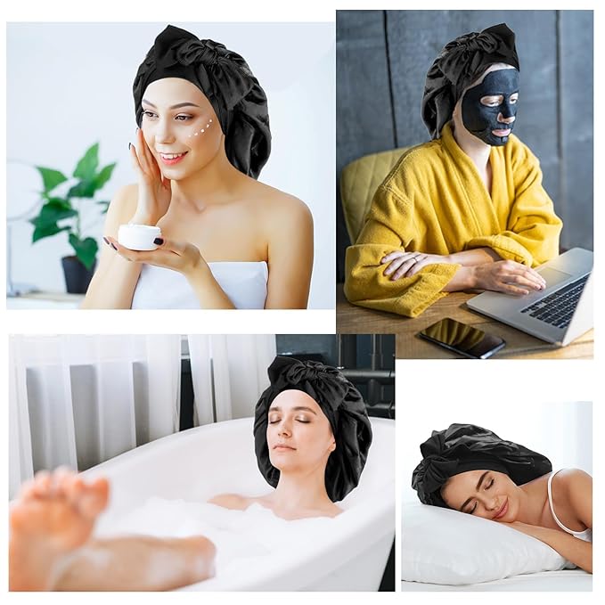 Arqumi 2 Pcs Satin Sleeping Bonnet, Large Long Strap Tie Band, Adjustable Sleep Night Cap Hair Bonnet for Women & Men, Black+Black