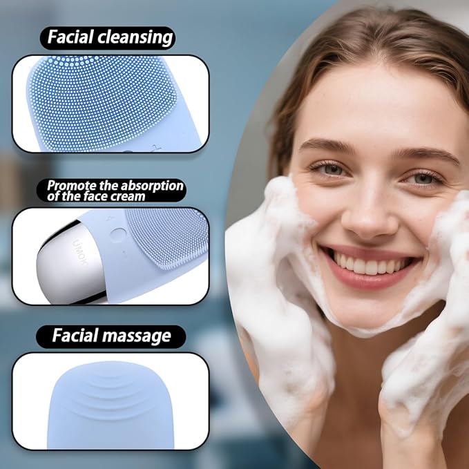 Facial Cleansing Brush, 3-in-1 Electric Silicone Face Scrubber, Vibrating Massager, IPX7 Waterproof, USB Rechargeble Pore Brush for Deep Cleanning, Blackhead Remover, Exfoliating (Blue)