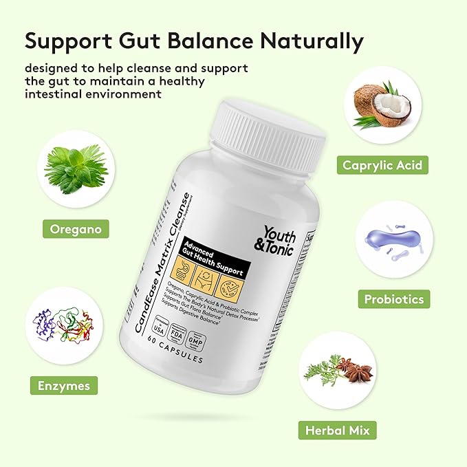 Youth & Tonic CandEase Cleanse Matrix – Overgrowth Support & Gut Health, Intestinal Flora Balance & Body Detox Complex with Oregano, Caprylic Acid, Digestive Enzymes, Probiotics, 60 Pills, Women & Men