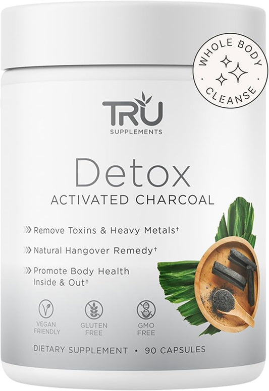 TRU Supplements Detox Cleanse Capsules with Activated Charcoal, Whole Body Cleanse for Bloating Relief & Clear Skin, Vegan-Friendly Natural Detox Support, 60 Servings
