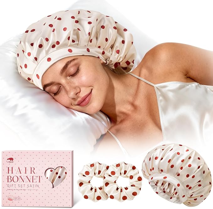 LitBear Silk Satin Bonnet for Sleeping Women, Adjustable Double Layer Hair Bonnet with Scrunchies for Curly Natural Hair, Non Slip Softer Night Sleep Cap