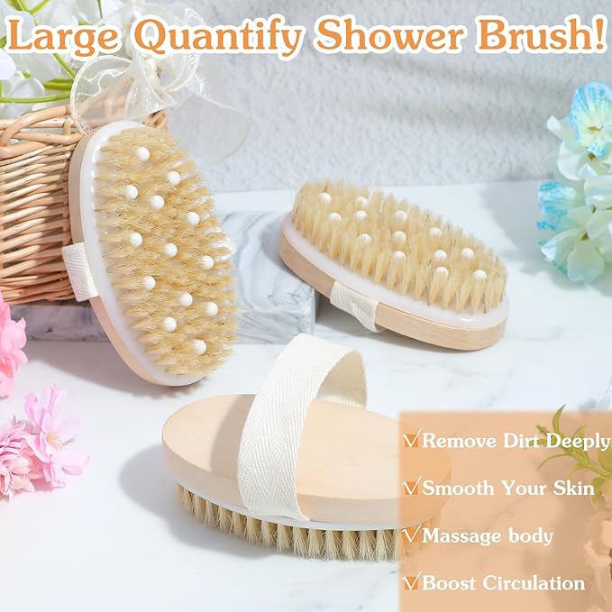 10 Pcs Dry Brushing Body Brush, Natural Bristle Body Brush with Massage Nodes for Lymphatic Drainage and Improving Skin Health and Reduces Acne, Soft Handle with Boar, Brushes for Shower