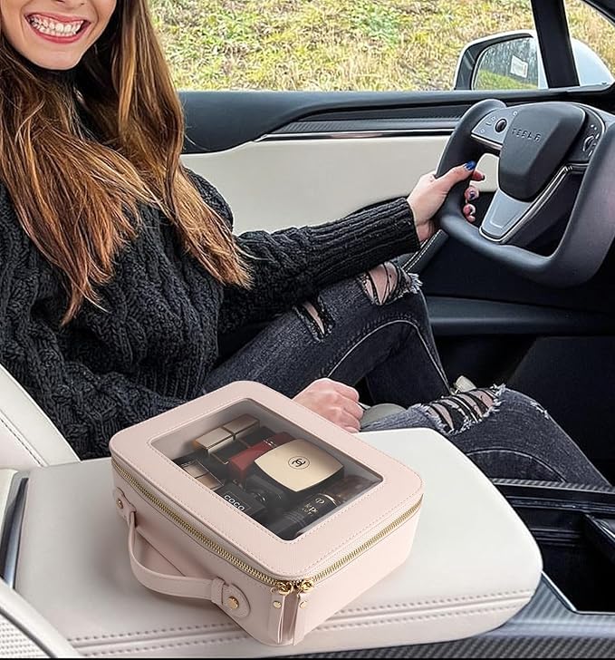 LETGO Clear Makeup Bag Organizer, Travel Toiletry Bag Cosmetic Case for Women, Portable Make Up Skincare Pouch Car Organizer Bag with Zippers for Essentials(Large-Beige)