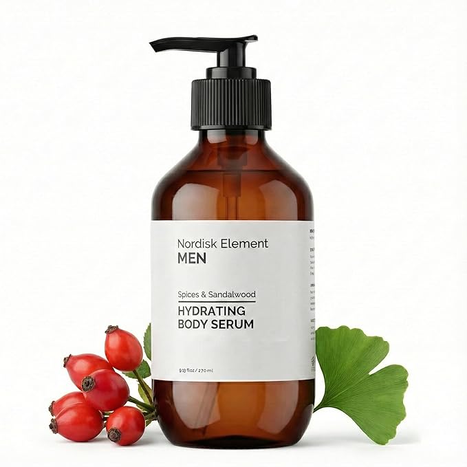 Nordisk Element Body Serum for Men, 9.13 Fl Oz | Lightweight & Instant Hydrating Serum with Hyaluronic Acid, Antioxidants & Nordic Botanicals | Vegan, Spices & Sandalwood Scent
