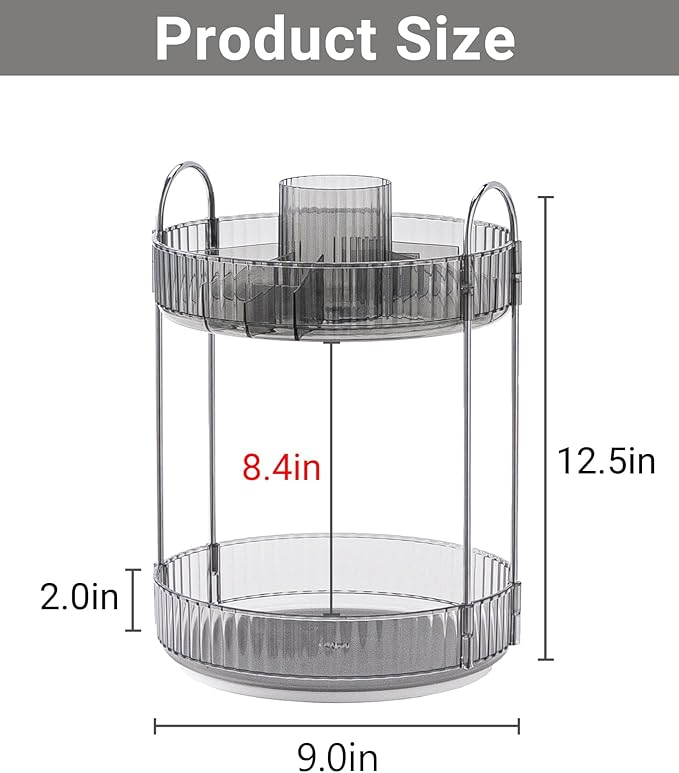 360 Rotating Makeup Organizer,2 Tier Large Capacity Make Up Organizers and Storage,Skincare Perfume Vanity Organizers,Bathroom Cosmetics Storage Organizer Countertop(Grey)