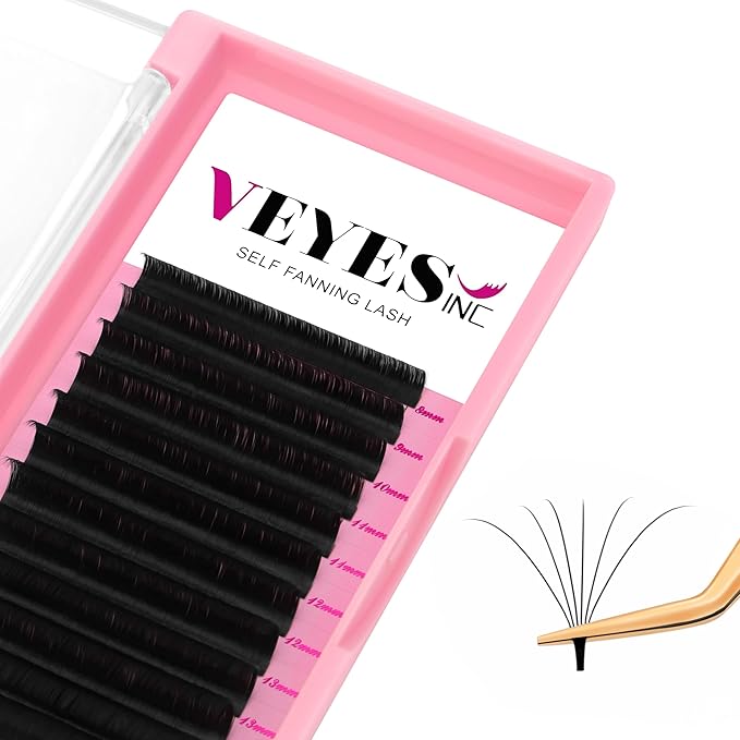VEYES INC Easy Fan Volume Lash Extensions 03 05 07 J/B/L/C/CC/D/DD Curl 8-25mm Mixed & Single Length Tray, Matte Black Self Fanning Eyelashes, Professional Supplies for Lash Techs (0.03 D 8mm)