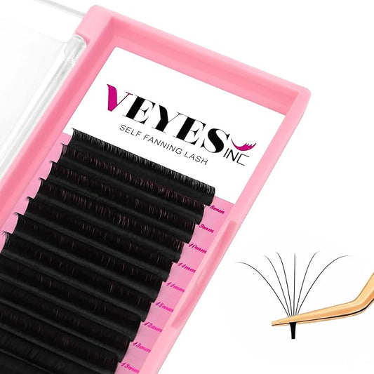 VEYES INC Easy Fan Volume Lash Extensions 03 05 07 J/B/L/C/CC/D/DD Curl 8-25mm Mixed & Single Length Tray, Matte Black Self Fanning Eyelashes, Professional Supplies for Lash Techs (0.03 C 13mm)