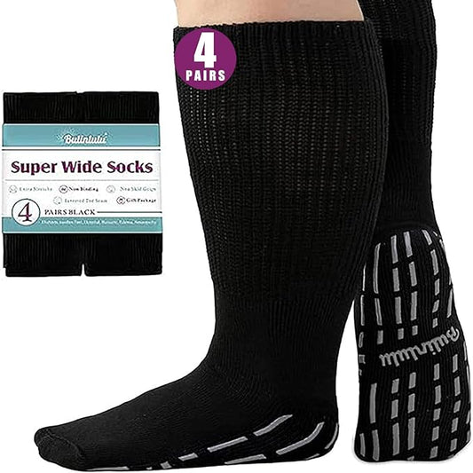 Bulinlulu Extra Width Socks for Swollen Feet-4 Pairs Hospital Grip Socks,Bariatric Socks,Diabetic Socks for Women Men 13-15