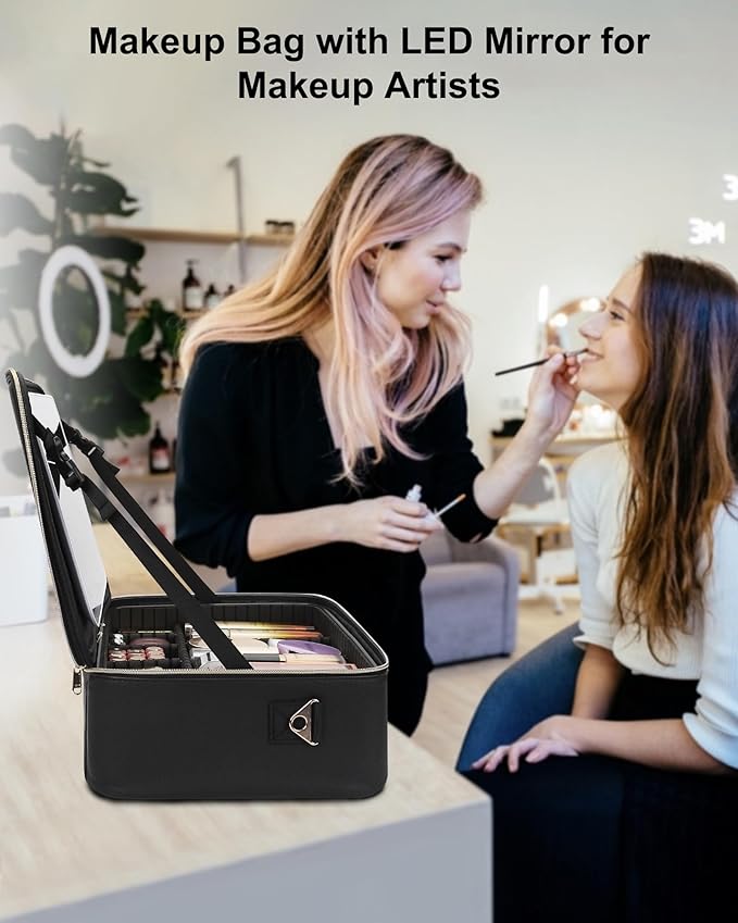 Relavel Travel Makeup Bag With LED Mirror, 16.2" Large Makeup Train Case, 3 Color Scenarios Adjustable Brightness, Waterproof Makeup Train Case Organizer with DIY Dividers for Makeup Artist, Black