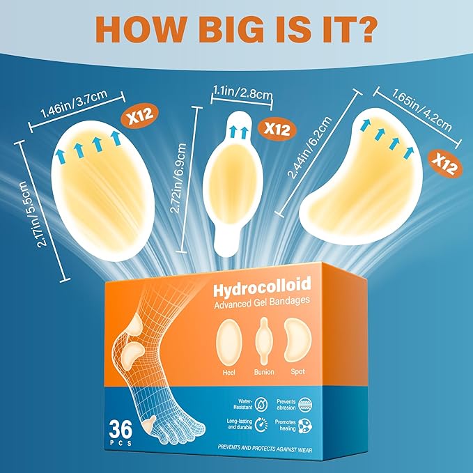 36pcs Hydrocolloid Gel Blister Bandages Pads Waterproof Adhesive Blisters Bandages - Blister Pads for Heel, Foot, Toe, Feet - Gel Blister Chshions for Prevention & Recovery (Variety Pack, Count, 36)