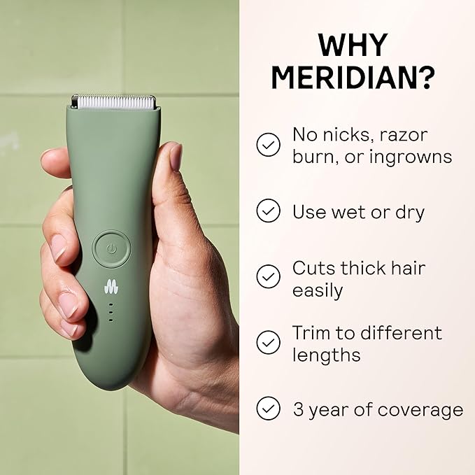 MERIDIAN The Trimmer Original - Body Hair Trimmer for Men, Electric Shaver for Pubic Hair, Chest, Legs & Bikini, Waterproof & Rechargeable, Sage