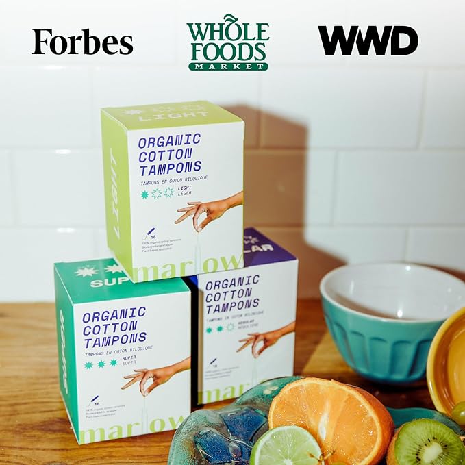 Marlow 100% Organic Cotton Easy Glide Tampons with Compact Plant Based BPA Free Applicator, Chlorine Free, Toxin Free, Hypoallergenic, Dermatologically Tested, Fragrance Free, Super, 54 Count