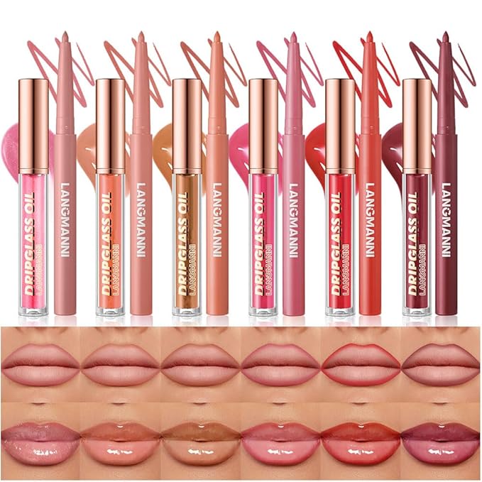 BestLand 12pcs Hydrating Lip Oils + Lip Liner Pencil Lip Combo Sets, 24H Long-Lasting Lip Kit with Lip Liner and Gloss, Nourishing, Non-Sticky Tinted Stain Lip Gloss Plumping Lip Oil Set for Women