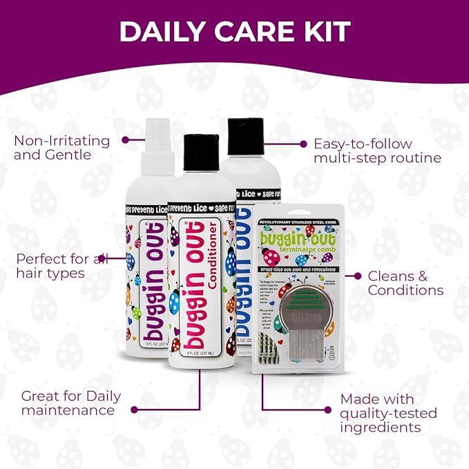 buggin out Daily Care Kit – Shampoo, Conditioner, Mint Spray and Comb for Routine Hair and Scalp Maintenance – Safe for Kids and Adults – Gentle Formula for Lice-Related Hair Care – All Hair Types