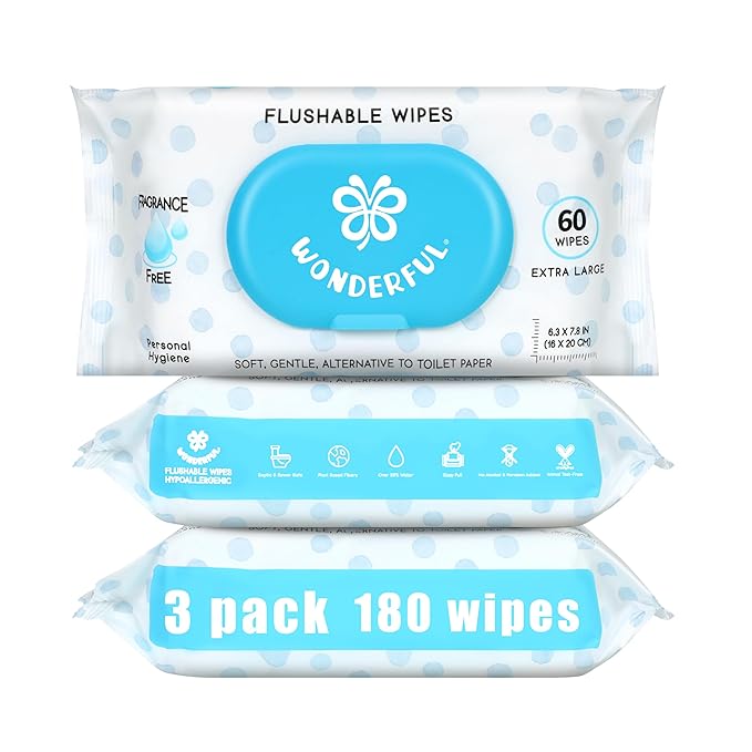 WONDERFUL Flushable Butt Wipes, Unscented 100% Plant-Based Wet Wipes for Adults & Kids, Sewer & Septic Safe, Gentle for Sensitive Skin, Wipes Flushable Pack for Bathroom & Travel, 3-Pack (180 Counts)