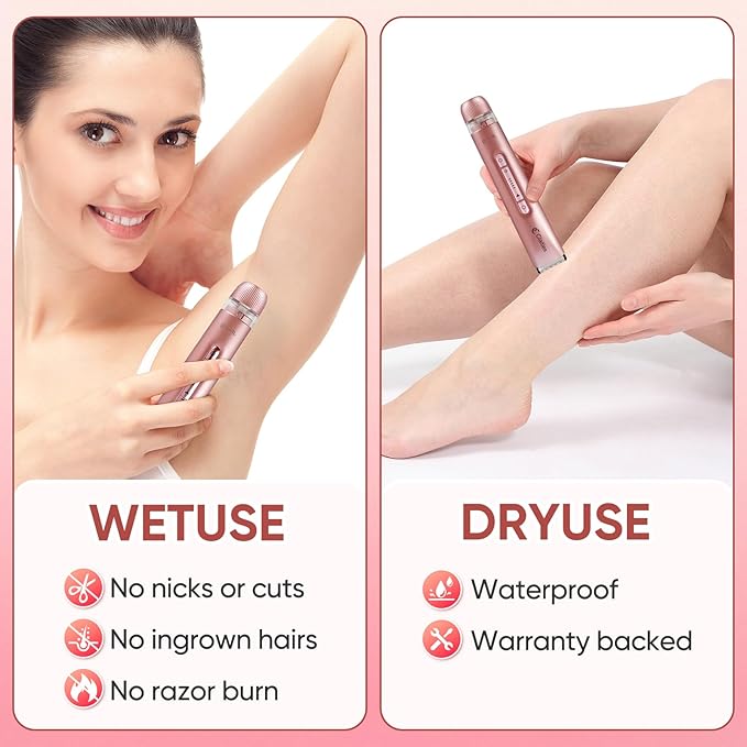 2 in 1 Women Electric Shaver Dual Head Bikini Trimmer for Women IPX7 Waterproof Wet & Dry Use Body Hair Trimmer and Facial Hair Remover for Bikini Underarm Leg Arm Body Face（Rose Gold）