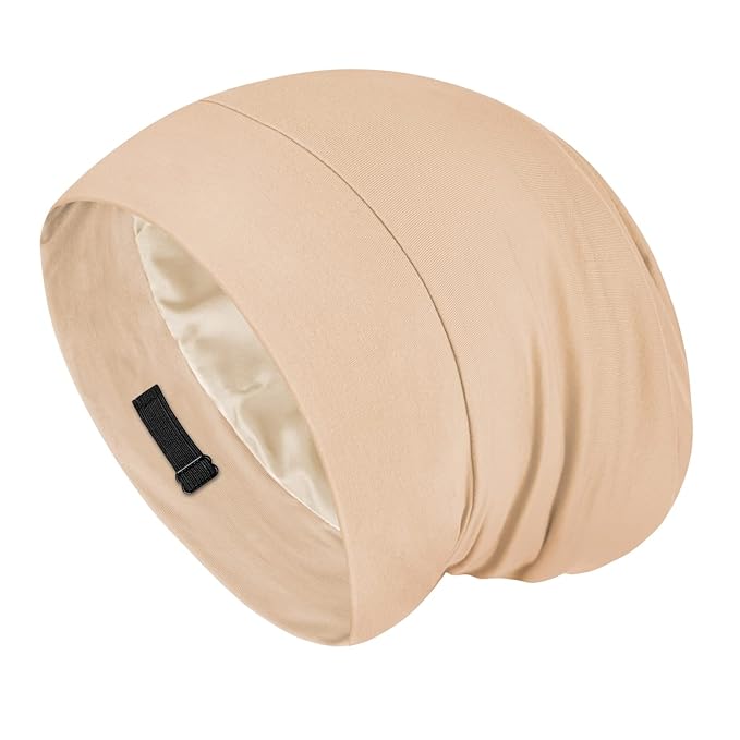 Fittia Satin Hair Bonnet for Sleeping, Silky No Frizzy for Curls Care, Adjustable Strap for Non-Slip, Dreadlocks Cap for Women&Men Taupe
