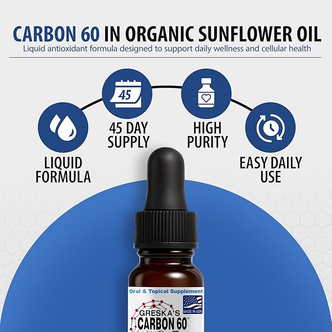 Greska's Carbon 60 in Organic Sunflower Oil - 15 Day Supply - Solvent-Free C60 Antioxidant Formula for Cellular Support, Vitality, Focus & Overall Wellness (10ml)
